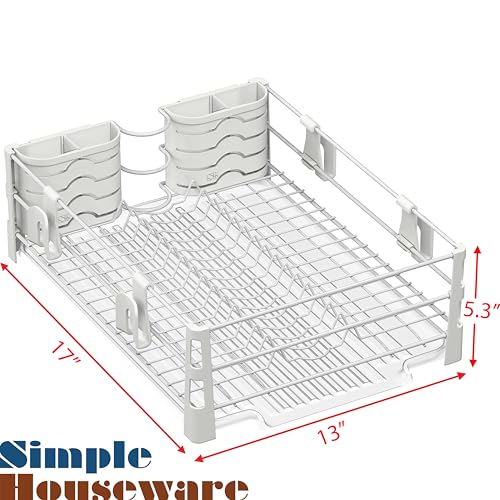 Simple Houseware White Dish Drying Rack with Drainboard, Utensil Holder & Mug Hooks – Metal Kitchen Counter Organizer - color: White