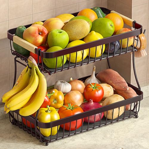 Sevenblue 2 Tier Large Fruit Basket for Kitchen Counter with 2 Mobile Banana Hangers, 2026 Pro Detachable Metal Fruit Bowl with Wooden Handle (Brown, 2 Tier) - color: Brown, size: 2 Tier Standard