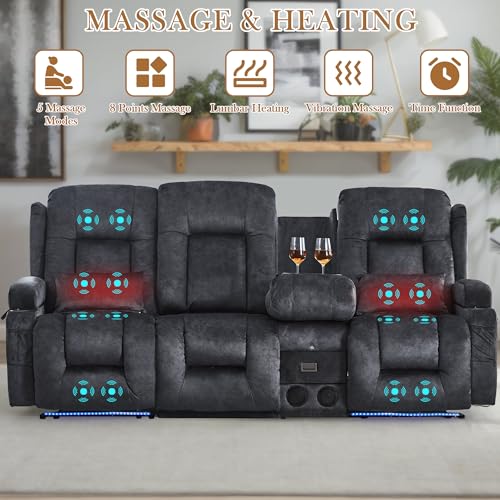 TUNYI Power Loveseat Recliner Sofa with Massage & Heat Home Theater Seating with Console RV Recliner Loveseat Sofa with USB/Storage/Side Pocket/LED Light/Speaker (Grey, 3 Seat with Console) - color: Grey, size: 3 Seat with console