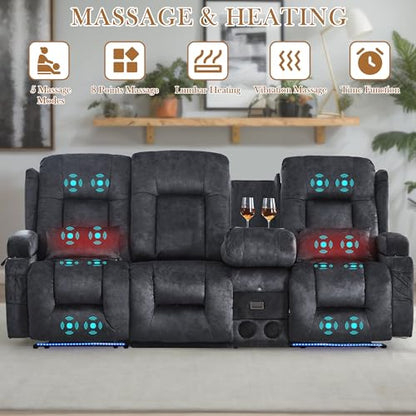 TUNYI Power Loveseat Recliner Sofa with Massage & Heat Home Theater Seating with Console RV Recliner Loveseat Sofa with USB/Storage/Side Pocket/LED Light/Speaker (Grey, 3 Seat with Console) - color: Grey, size: 3 Seat with console
