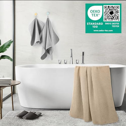 POLYTE 430 GSM Microfiber Quick Dry Lint Free Oversize Bath Towel Set, 6 Piece (Waffle Weave) - color: Beige,light Gray