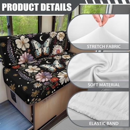 Butterfly Daisy Floral Moon Pattern RV Dinette Cushion Covers Stretch Camper Cushions Cover Replacement Couch Cushion Slipcovers for Travel Trailer Couch, 2 Sets - color: Butterfly Daisy Floral Moon