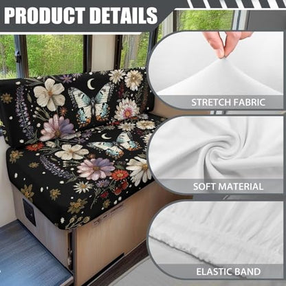 Butterfly Daisy Floral Moon Pattern RV Dinette Cushion Covers Stretch Camper Cushions Cover Replacement Couch Cushion Slipcovers for Travel Trailer Couch, 2 Sets - color: Butterfly Daisy Floral Moon