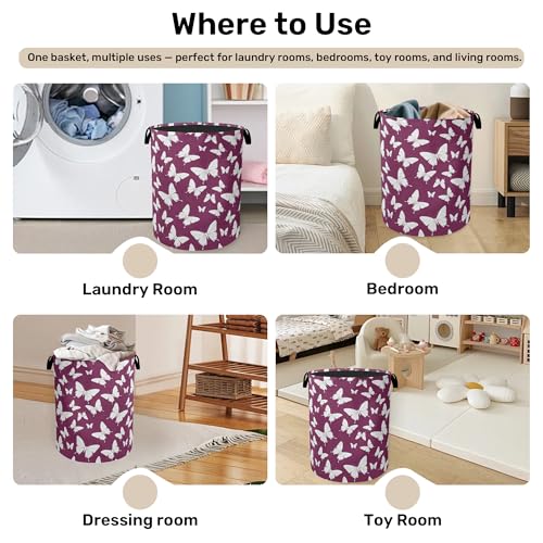 Purple Butterfly Silhouette Laundry Basket with Handles - Extra Large Foldable Hamper for Bathroom/Laundry/Bedroom/Dorm, Washable Fabric Storage Bin - color: Purple Butterfly Silhouette