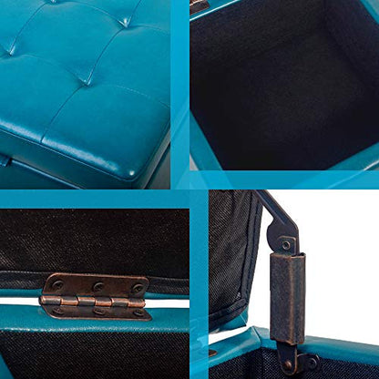 H&B Luxuries Tufted Leather Square Flip Top Storage Ottoman Cube Foot Rest (Blue with Storage) - color: Blue With Storage