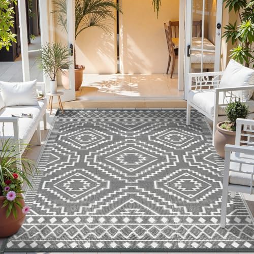 Wonnitar Outdoor Rug 6x9, Waterproof Patios Rug Reversible Plastic Straw Rug, Large Outside Area Rug, Portable Camper RV Mat, Indoor Outdoor Carpet for Picnic Balcony Backyard Porch Deck, Grey - color: Grey, size: 6' x 9' (Rectangular)