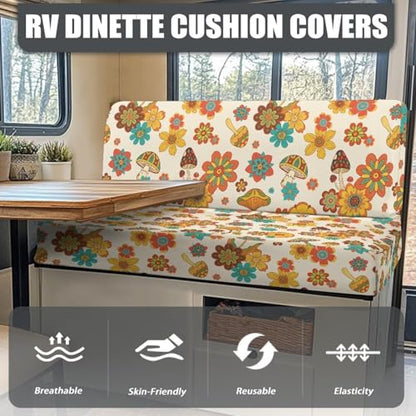 Fall Mushroom Floral RV Dinette Cushion Slipcovers Stretch Camper Booth Seats Replacement Cover RV Sofa Furniture Protector-Bench & Backrest Covers, 2Sets - color: Fall Mushroom Floral