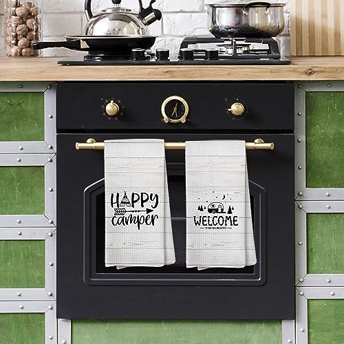 Camping Kitchen Towels, Dish Towels, Gifts for Women Men, RV Decor, Campsite Decor, Happy Camper Hand Towel, Supplies for RV Campers 12x12 Inch Set of 4