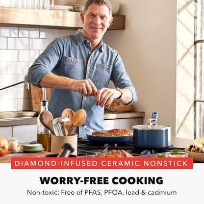 GreenPan x Bobby Flay 13 Piece Nonstick Cookware Pots and Pans Set, PFAS-Free Diamond Ceramic, Induction Suitable, Easy Clean Dishwasher & Oven Safe, Stay-Cool Silicone Handles, Glass Lids, Navy Blue - color: Navy Blue