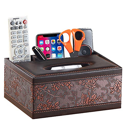 Leather Tissue Box Cover Rectangular and Multifunction Remote Control Caddy,Suitable for Storing pens and Stationery,Desk Organizer Storage for Office and Home(Antique)