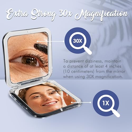 MIRRORVANA 30X Compact Magnifying Mirror for Travel, Handheld and Foldable Square Design - Lightweight Mini Pocket-Sized Magnified Mirror, Ideal for Purse or Handbag Use - 3.3" x 3.3" (Black)