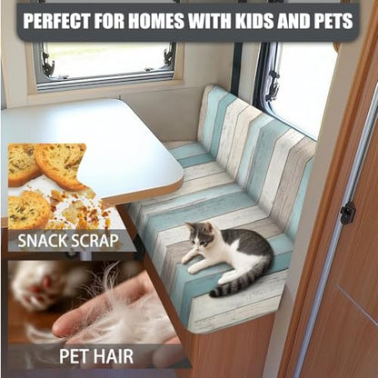 Blue White Wood Pattern 3 Pieces RV Dinette Cushion Covers Scratch-Resistant RV Couch Cover wuth Pillowcase, Sofa Furniture Protector Camper Seat Covers Dinette Booth - color: Blue White Wood