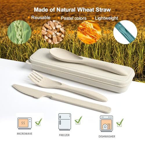 Travel Utensils Set with Case, Camping Utensils Wheat Straw Reusable Utensils Set With Case, Knife Fork and Spoon Utensils for Lunch Box (6 Pack) - color: Green, Light green, Blue, Light blue, Orange, Yellow