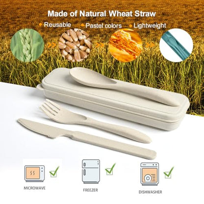Travel Utensils Set with Case, Camping Utensils Wheat Straw Reusable Utensils Set With Case, Knife Fork and Spoon Utensils for Lunch Box (6 Pack) - color: Green, Light green, Blue, Light blue, Orange, Yellow