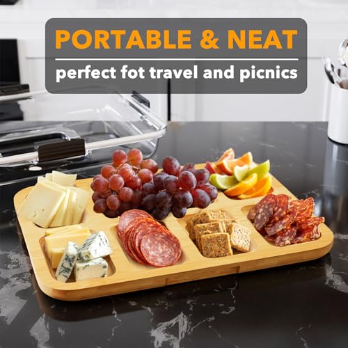 SpaceAid Charcuterie Board with Clear Lid, Portable Travel Cheese Cutting Boards for Picnic Accessories, Bamboo Serving Tray with Lids, House Warming Gifts, Black Handles, 8 Compartments - color: Black Handles, 8 Compartment