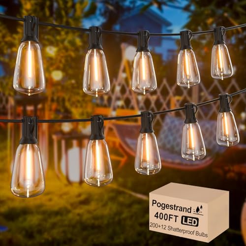 LED Outdoor String Lights 400ft Shatterproof Patio Lights with 212 Waterproof ST38 Vintage Bulbs(12 Spare), Dimmable Outside Hanging String Lights for Backyard Porch Balcony Party, Warm White - size: ST38-400FT-100FT*4(Black)