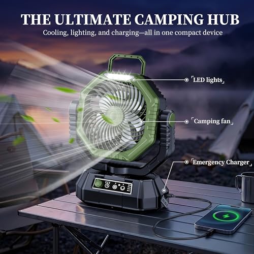AJVV Camping Fan with Light, Remote and Oscillation, Battery Powered Hanging Tent Fan, Rechargeable Portable for Camp, Outdoor, Emergencies, Fishing, RV Travel, Jobsite - color: Green