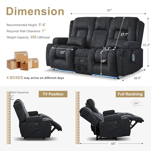 URRED Power Loveseat Recliner Sofa with Massage and Heat, Wall Hugger Reclining Loveseat with Console, RV Couch Home Theater Seating with LED Lights for Living Room (Dark Grey, 67" - 2 Seats) - color: Dark Grey, size: 67" - 2 Seats