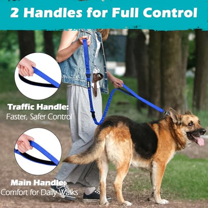 PetBonus Heavy Duty Tactical Dog Leash, 5 FT Bungee Shock Absorption Leash with 2 Padded Handles, Quick Release Metal Clip, Car Seatbelt, No Pull Training Lead for Large Medium Dogs（Blue） - color: Blue