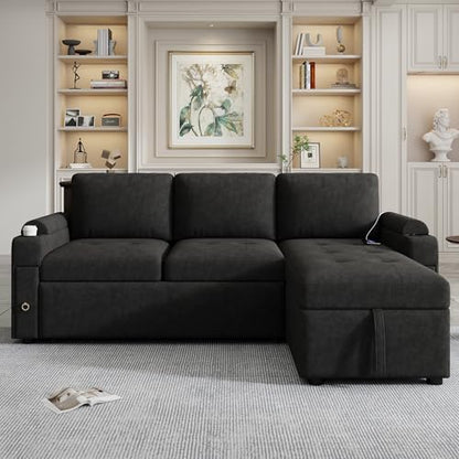 83.5" L-Shaped Foldable Sofa Couch, Modern Chenille Pull Out Couch with UAB, Convertible Love Seat Sofa Bed with Adjustable Back and Pillow for Living Room, RV, Small Spaces (Black, 83.5") | Modern Chenille - color: Black, size: 83.5"