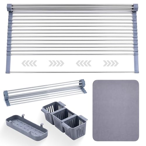 Havenity™ Expandable Roll Up Dish Drying Rack with Drying Mat - Adjustable Up to 22.75" with 2 Free Attachments & 2 Removable Baskets, 304 Stainless Steel Over The Sink Dish Drying Rack Cover Kitchen - size: Dish Drying Rack Combo