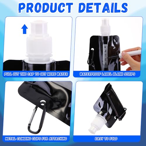 Teenyyou 24 Pack Collapsible Water Bottles Bulk 16oz Foldable Water Bottles with Carabiner Reusable Drinking Leak Proof Container Bags for Sport Biking Hiking Camping Travel Outdoor (Black) - color: Black