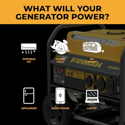 FIRMAN P03504 Gas Portable Generator, 120V Recoil Start | 4450 Starting Watts, CO Alert Safety System, RV Ready Outlets, 5 Gallon Fuel Tank, 14-Hr Runtime for Home Backup Outdoor Use