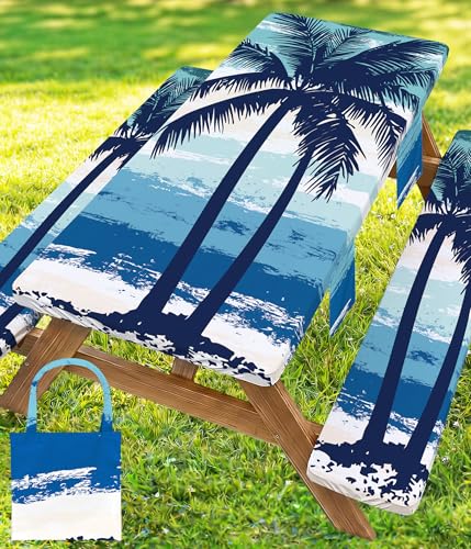 Picnic Table Cover with Bench Covers Waterproof Fitted Table Cloth Tablecover Camp Camper Camping Essentials Outdoor Summer Beach River Water Motorhome Trailer Road Trip Tent Rv Car Travel Activities - color: Blue Coconut Tree, size: 72in
