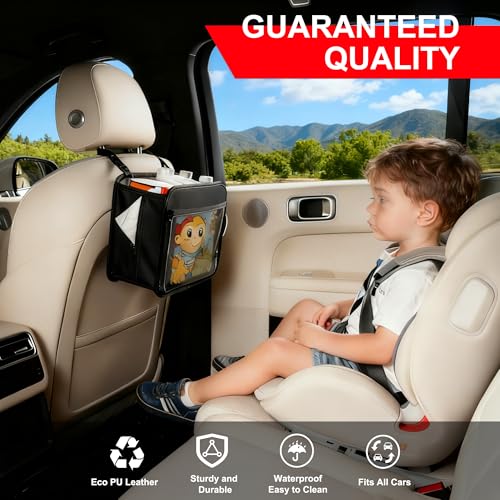 Car Organizer Bag for Back Seat Front Seat or Between Seats Premium PU Leather Hanging Storage Caddy with Tablet Holder Tissue Box Cup Bottle Holders Mesh Pockets for Kids Adults