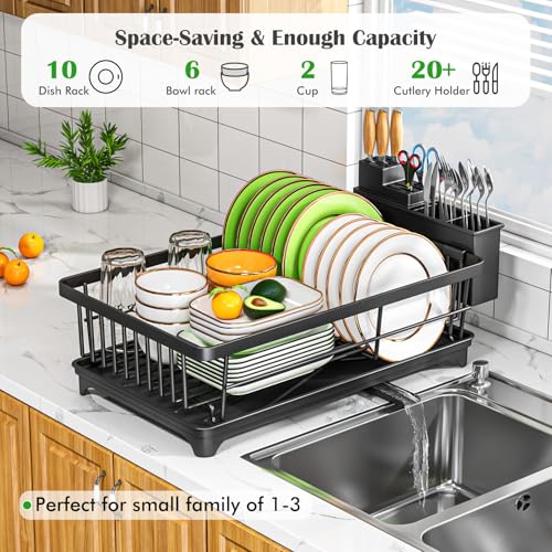Kmiectse Dish Drying Rack - Space-Saving Small Dish Rack for Kitchen Counter, Rust-Resistant Kitchen Drying Rack, Compact Dish Drainer Organizer with Utensil Holder for Home Kitchen, Black - color: Black