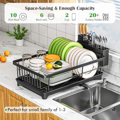 Kmiectse Dish Drying Rack - Space-Saving Small Dish Rack for Kitchen Counter, Rust-Resistant Kitchen Drying Rack, Compact Dish Drainer Organizer with Utensil Holder for Home Kitchen, Black - color: Black