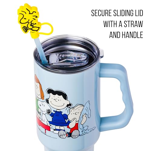 Silver Buffalo Peanuts Gang Charlie Brown, Snoopy, Woodstock, Lucy, Sally, Linus, Double Walled Stainless Steel Tumbler with Handle, Straw, and Straw Cap, Fits in Standard Cup Holder, 40 Ounces - color: Peanuts Gang Charlie Brown