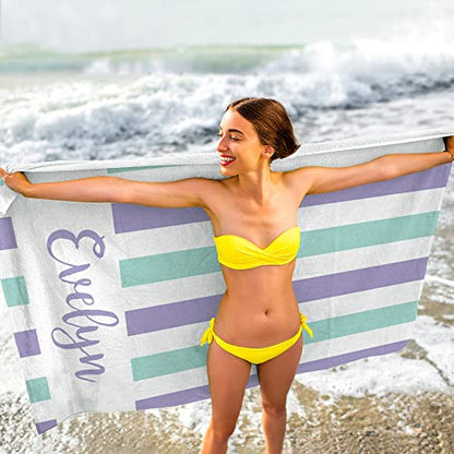 MeMoShe Personalized Beach Towel with Name Custom Microfiber Kids Beach Towels Sand Free Quick Dry Pool Towel Blanket Stripes Print Beach Towels for Adults 30x60 Inch - color: Multi-color 5