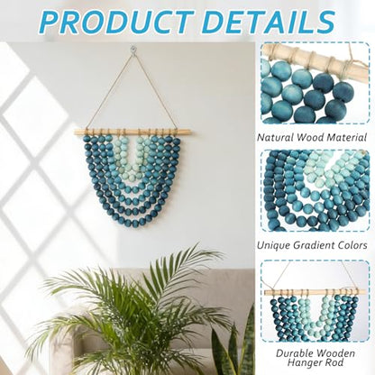 Boho Chic Wooden Bead Garland Wall Hanging Tapestry, Handcrafted Home Décor Inspired by Nature, Suitable for Living Room, Bedroom, Entryway, Nursery, Apartment & Dorm (Coastal Breeze Ombre, 12 inches)
