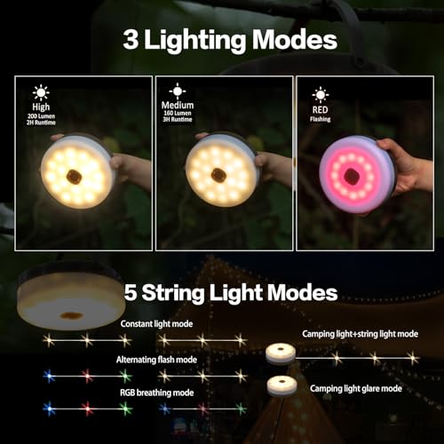 Solar Camping String Lights, 4 in 1 Camping String Lights Outdoor(39.4ft) with 8 Lighting Modes, Solar Powered and USB Rechargeable Light with Remote Control for Camping, Yard and Hiking