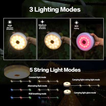 Solar Camping String Lights, 4 in 1 Camping String Lights Outdoor(39.4ft) with 8 Lighting Modes, Solar Powered and USB Rechargeable Light with Remote Control for Camping, Yard and Hiking