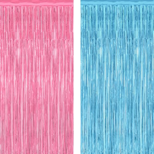 ZATAYE 2 Pack Pink Blue Foil Curtain Gender Reveal Decorations | Pink Blue, Metallic Foil, 3.28 x 7.05 FT, Tinsel Backdrop, Foil Curtain Streamer, Gender Reveal, Photo Booth Door Wall Decor - color: Pink Blue, size: 2 PCS