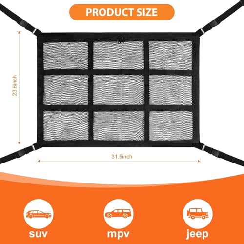 Dog Car Net Barrier,Universal Fit Sturdy Double-Layer Mesh 31.5"x23.6" Car Ceiling Cargo Net Pocket with Flexible Bungee Cords for Seat Movement Easy to Install