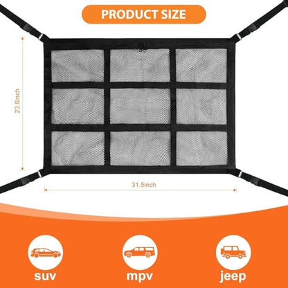 Dog Car Net Barrier,Universal Fit Sturdy Double-Layer Mesh 31.5"x23.6" Car Ceiling Cargo Net Pocket with Flexible Bungee Cords for Seat Movement Easy to Install