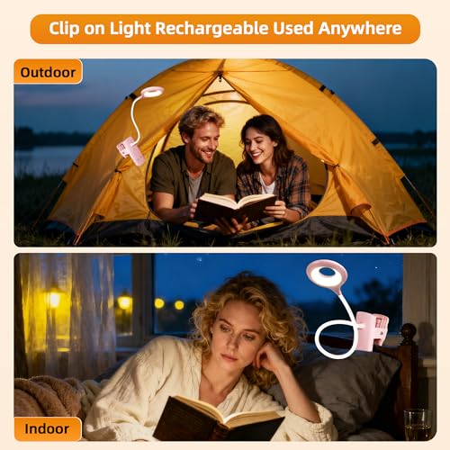 Akynite Desk Lamp LED Clip on Light, 5 Modes 5 Brightness Dimmable Clamp Light, Rechargeable Battery Flexible Clip on Reading Lamp for Bed Headboard Bunk Bed at Night for Kids (Pink) - color: Pink