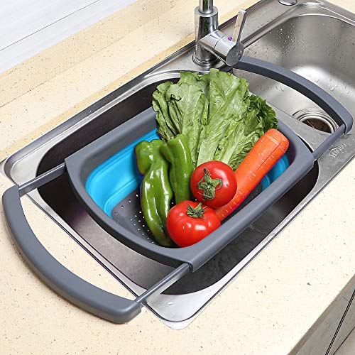 QiMH Collapsible Colander Set of 3-2 PC 4 Quart and 1 PC 6 Quart Over the Sink Colander - Food-Grade Sturdy Plastic Base - Round Space-save Silicone Kitchen Foldable Food Strainer - color: blue,orange,green