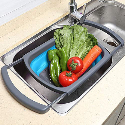 QiMH Collapsible Colander Set of 3-2 PC 4 Quart and 1 PC 6 Quart Over the Sink Colander - Food-Grade Sturdy Plastic Base - Round Space-save Silicone Kitchen Foldable Food Strainer - color: blue,orange,green
