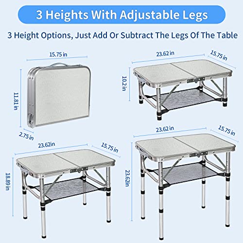 Small Folding Table with Storage Net, 24" x 16" Portable Foldable Camping Table with 3 Adjustable Height, White Metal Table for Beach, Patio, BBQ - size: S[24"*16"*24"]
