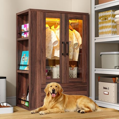 kepptory Pet Wardrobe Closet with LED Light, Side Storage Shelves & Drawer, Walnut Pet Clothes Organizer Cabinet with Hanging Rod, Multi-Functional Pet Closet for Dogs & Cats Clothing, Toys | Walnut Pet Clothes Organizer Cabinet with Hanging Rod, Multi-Fu