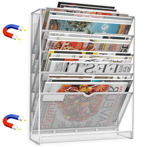 6 Tier Magnetic File Holder, No Drilling Installation File Cabinet Organizer,Black Magnetic File Holders, Magnetic Paper Holder for Refrigerator,File Cabinets, Whiteboard, White - color: White