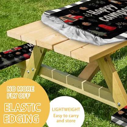 Picnic Table Cover with Bench Covers, Camping Essentials, Fitted Camping Tablecloth with Bag, Waterproof and oilproof with elastic Edge for Indoor Outdoor Patio, 72in (Happy Camper) - color: Happy Camper