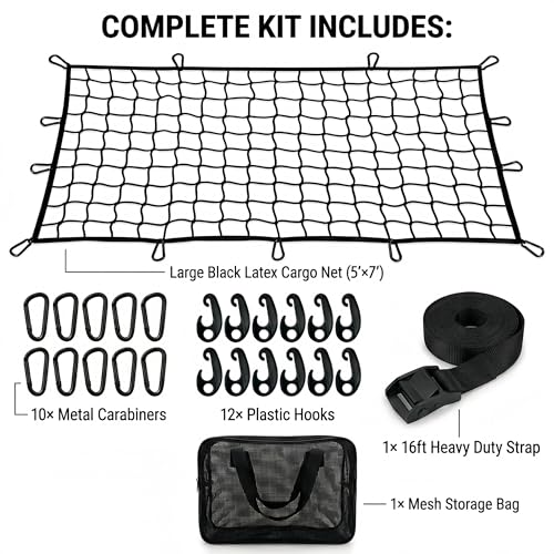 Heavy Duty Latex Cargo Net for Pickup Truck Bed 5'x7' to 10'x14' Stretch - Bungee Mesh Tie Down System with 10 Metal Carabiners & 16ft Strap for Highway Moving Camping - size: Large 1.5x2.1m