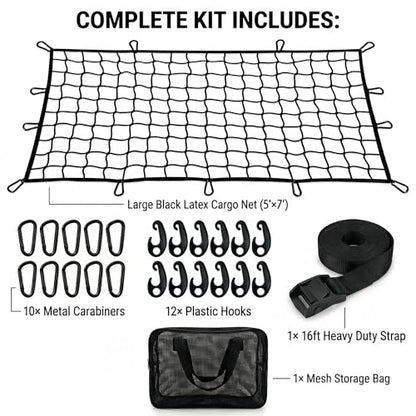 Heavy Duty Latex Cargo Net for Pickup Truck Bed 5'x7' to 10'x14' Stretch - Bungee Mesh Tie Down System with 10 Metal Carabiners & 16ft Strap for Highway Moving Camping - size: Large 1.5x2.1m