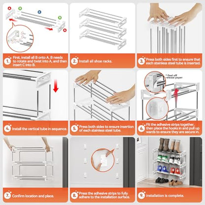 3 Tier for Wall Mounted Shoe Rack with Hook and Loop Sticky Adhesive Strips Shoe Shelf, Slim Shoe Rack Space Saving Design Wall Shoe Organizer for RV - color: White