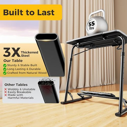 FoldWise Upgraded Folding TV Tray Table - Extra Large & Sturdy Laptop Table for Couch, Height & Angle Adjustable Desk for Dinner, Work & TV - Includes Footrest, Cup Holder, iPad Holder & Edge Stopper - color: (Black) - Dark Wood Mahogany
